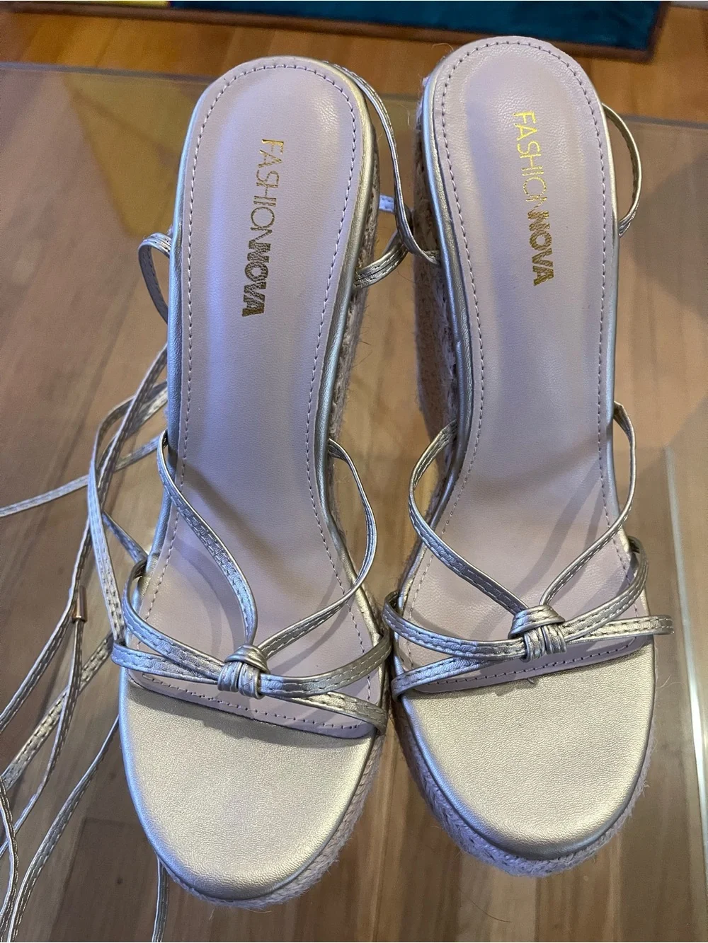 Fashion Nova Silver Metallic Espadrille Wedge Sandals Women’s 7